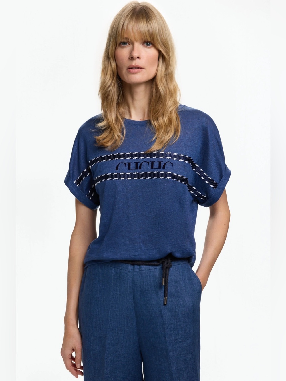 CAROLINA HERRERA Denim Blue Linen T-Shirt & Wide Leg Trouser Set